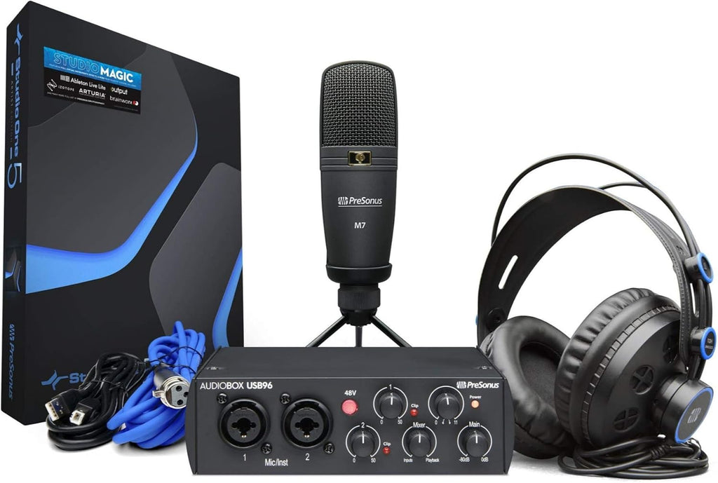 AudioBox 96 Interface with Microphone, Headphones, XLR Cable Bundle with Studio Stand, Pop Filter and Shock Mount (7 Items) G395
