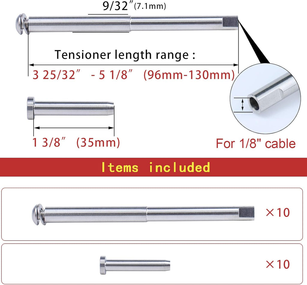 1/8 Cable Railing Kit Tensioner Fitting Swage Threaded Stud and Stemball Swage Combination Pack G3205