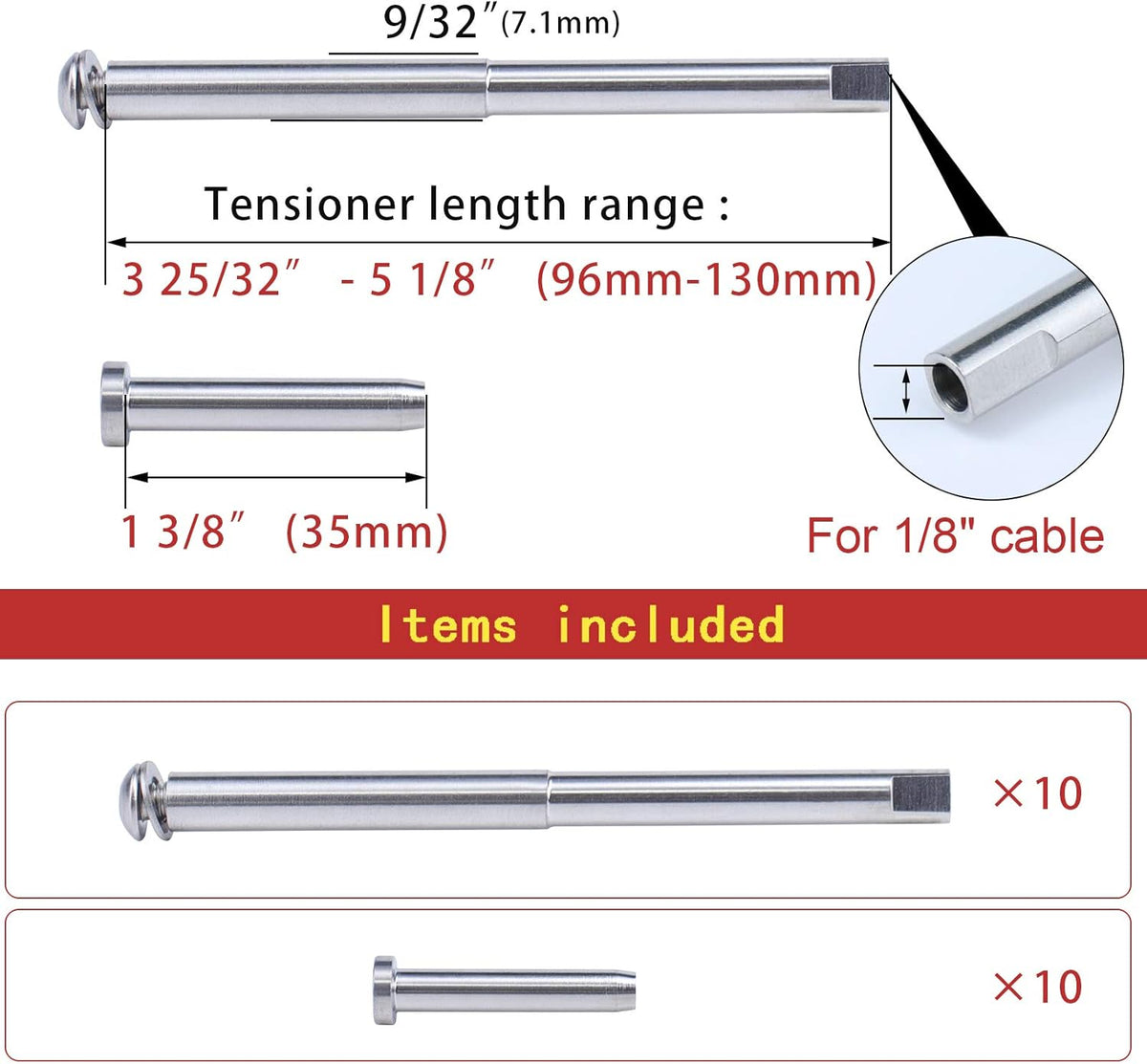 1/8 Cable Railing Kit Tensioner Fitting Swage Threaded Stud and Stemball Swage Combination Pack G3205