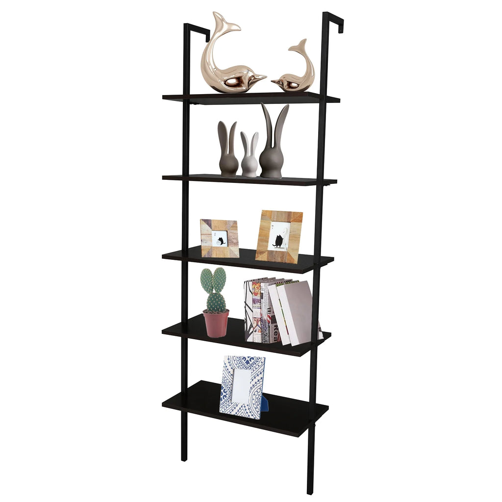 Dark Walnut 5-Shelf Wood Ladder Bookcase with Metal Frame W154175