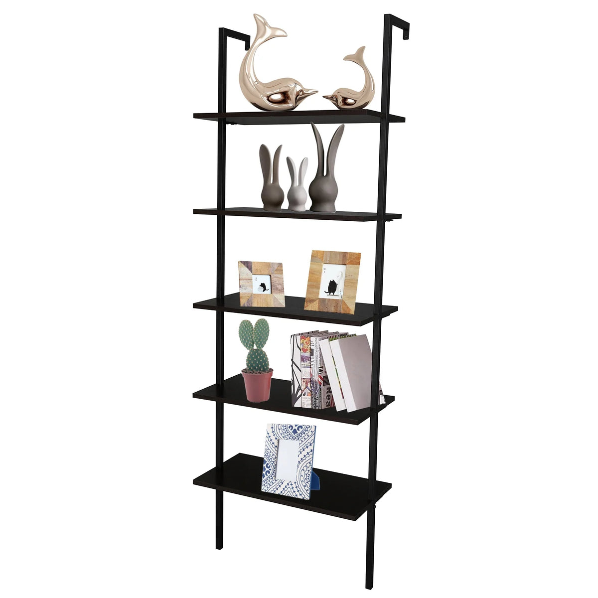 Dark Walnut 5-Shelf Wood Ladder Bookcase with Metal Frame W154175