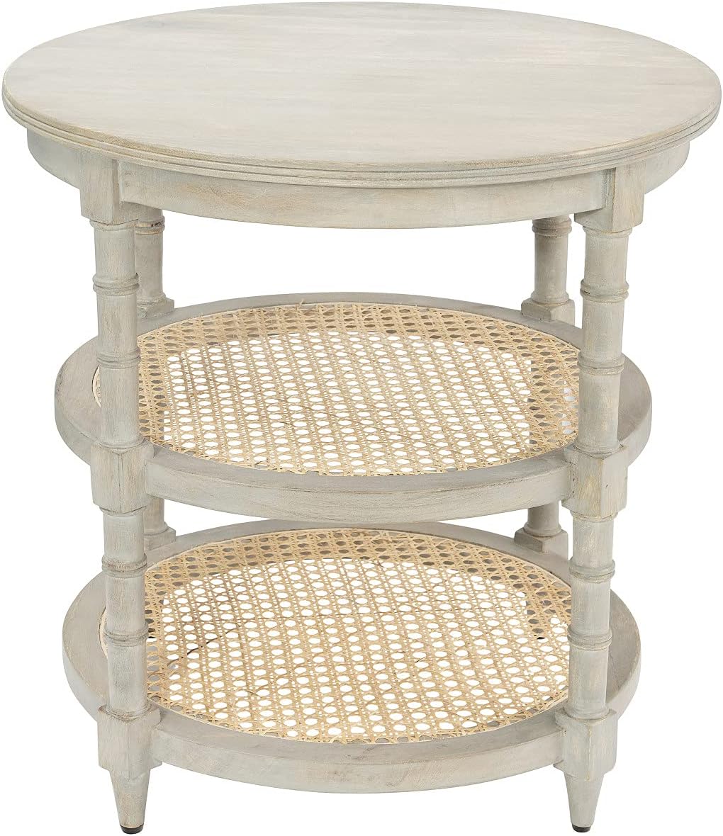 Round Mango Wood Table with Two Cane Shelves Z506
