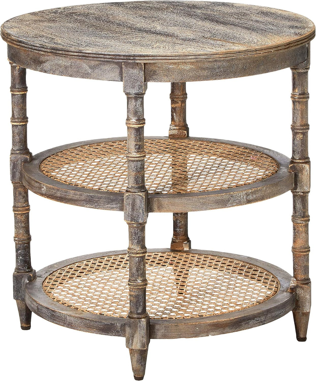 Round Mango Wood Table with Two Cane Shelves Z506