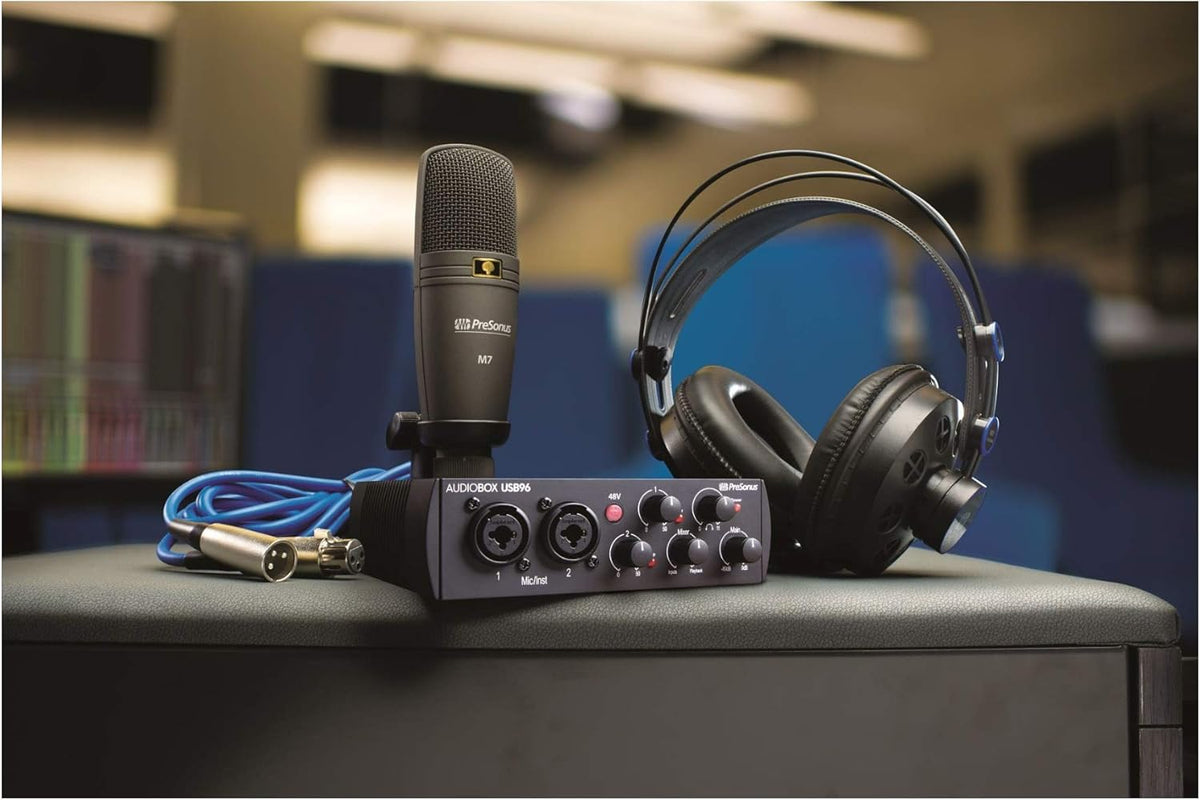 AudioBox 96 Interface with Microphone, Headphones, XLR Cable Bundle with Studio Stand, Pop Filter and Shock Mount (7 Items) G395