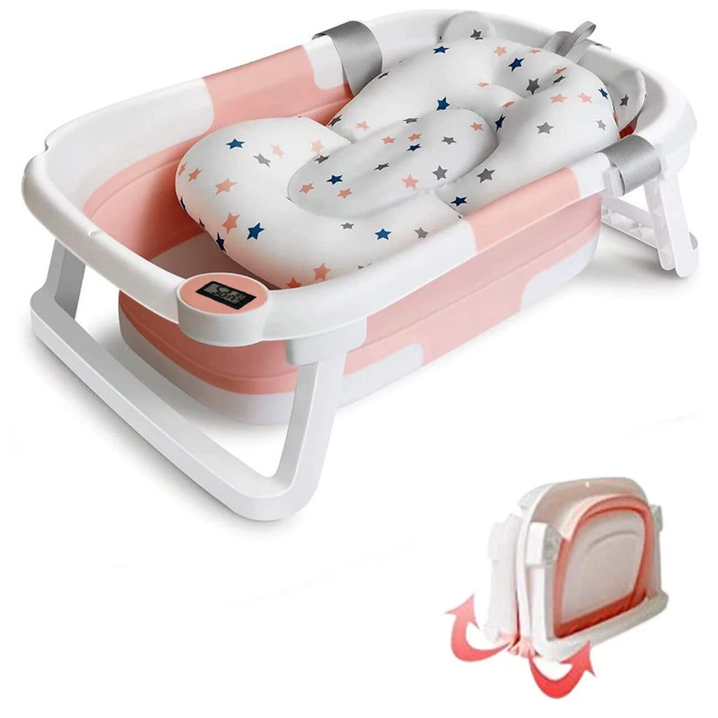 Collapsible Newborn Baby Bathtub with Pillow Cushion Support Bath Net Temperature Sensor Pink D569019