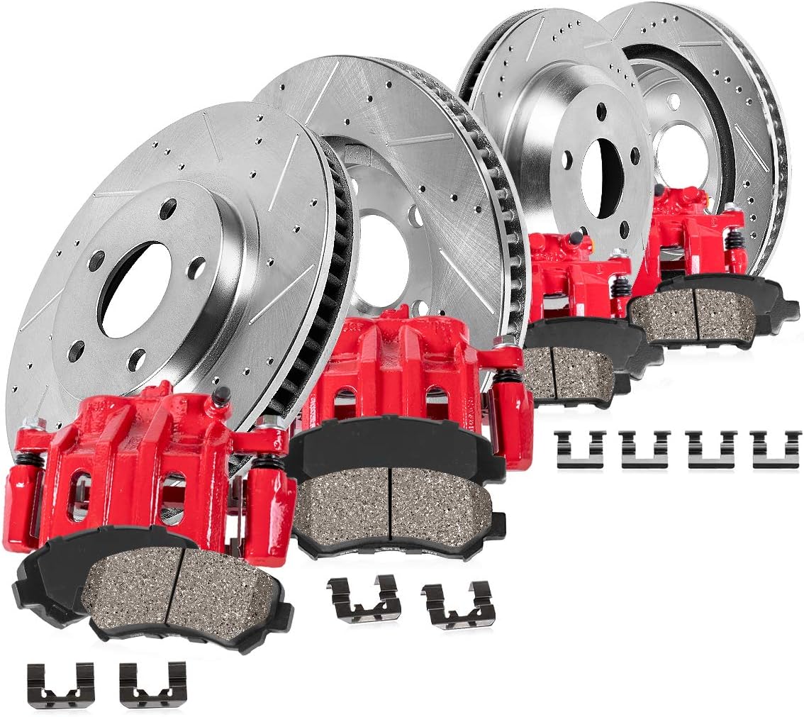 Powder Coated Red Calipers Drilled Slotted Rotors Ceramic Pads N786