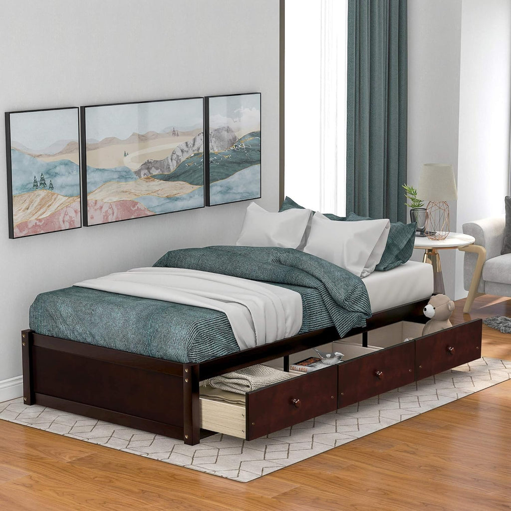 Cherry Wood Platform Bed Frame With 3 Drawers T6123