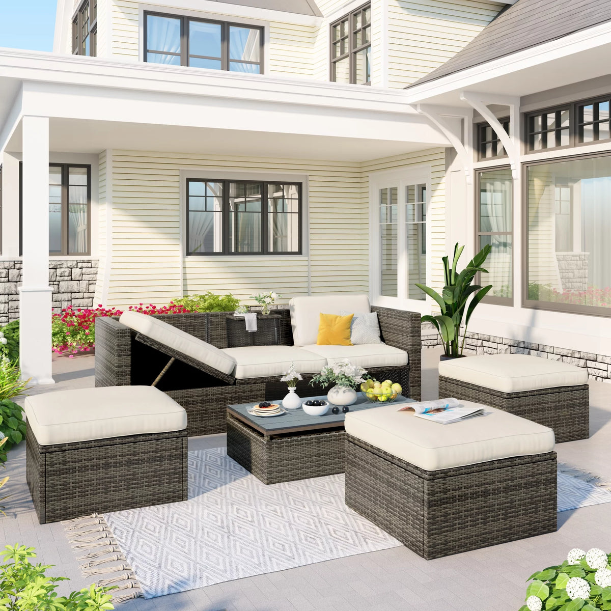 5-Piece PE Rattan Patio Furniture Set with Cushions and Coffee Table M29306