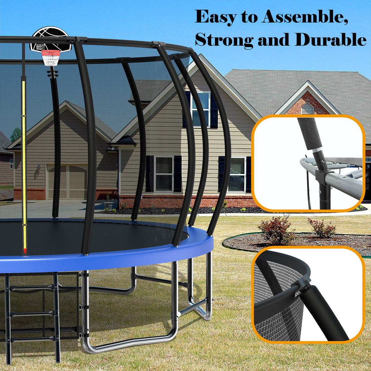 15FT Trampoline with Basketball Hoop, Blue, with Enclosure Net & Ladder C388678