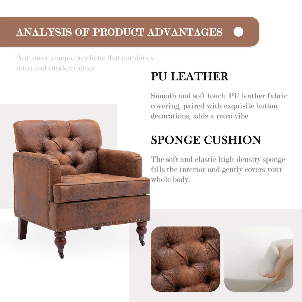 Brown Tufted Upholstered Accent Chair with Wood Legs Z274248