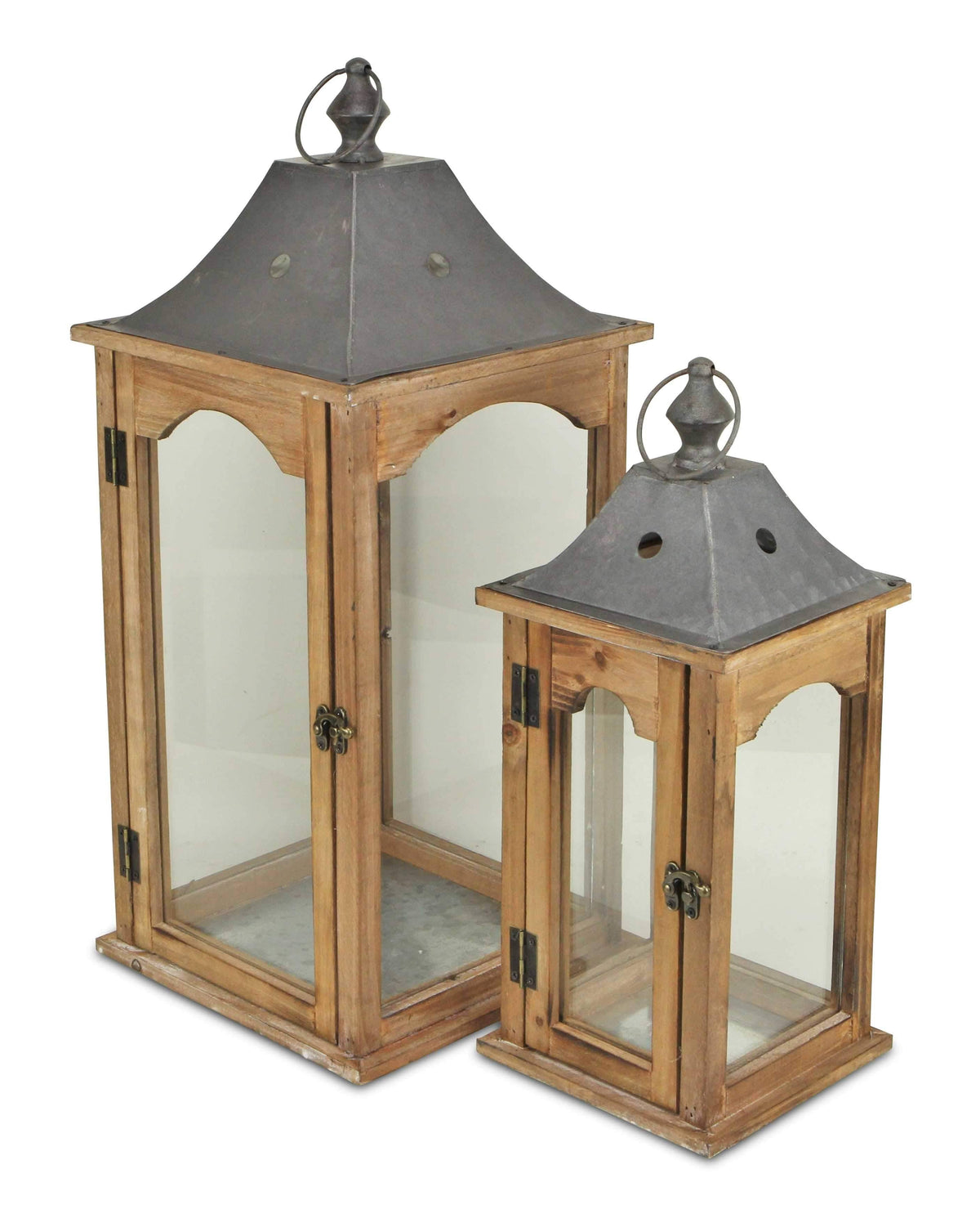 Set of 2 Brown Wood Frame Glass and Metal Top Lanterns W372