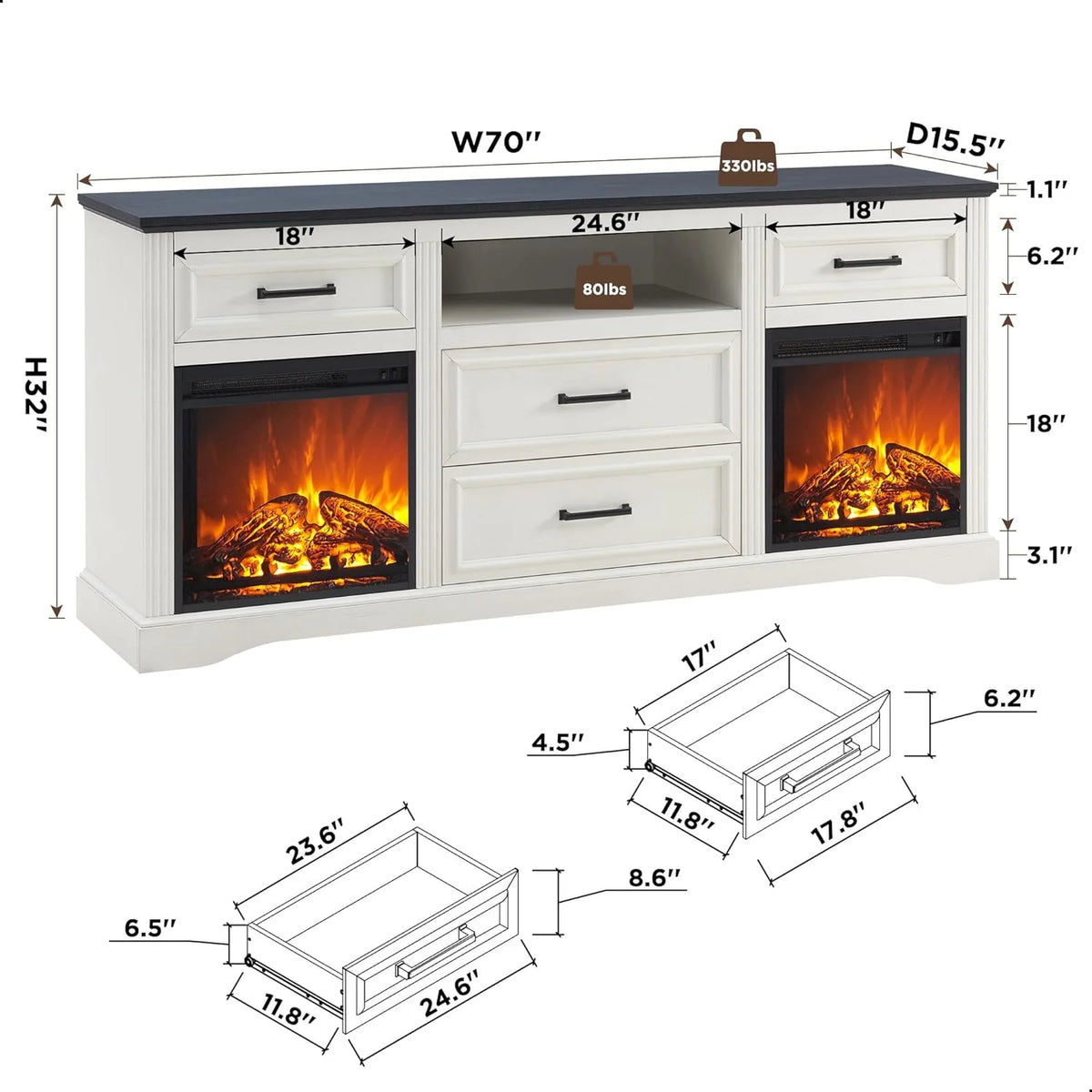 White Fireplace TV Stand with 4 Drawers F7761