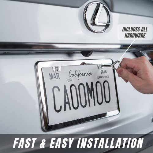 2 Stainless Steel Mirror License Plate Frame + Chrome Screw Caps M18231