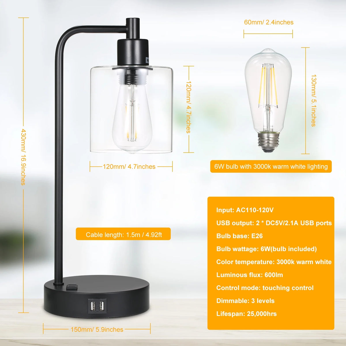 2-Pack Touch Control Table Lamp with USB Ports and AC Outlet M47589