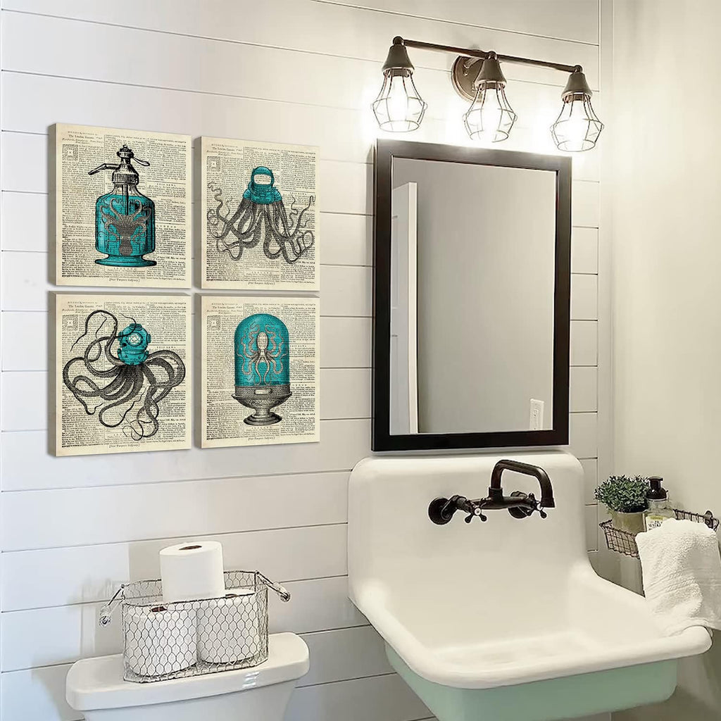Octopus Nautical Bathroom Wall Decor, 8x10 inch Set of 4 Canvas Wall Art H91997