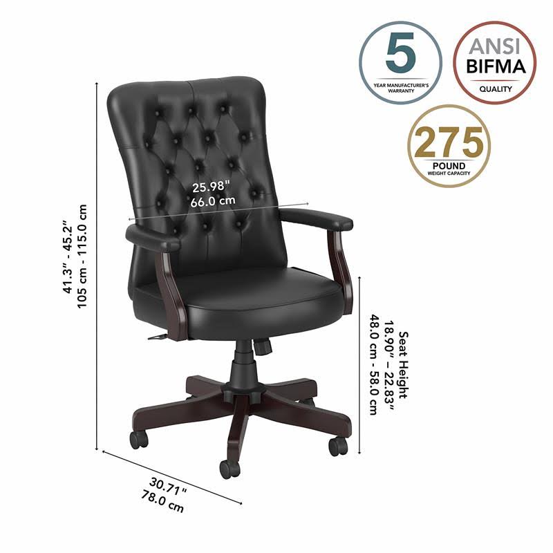 High Back Tufted Office Chair with Arms in Black Leather J66732