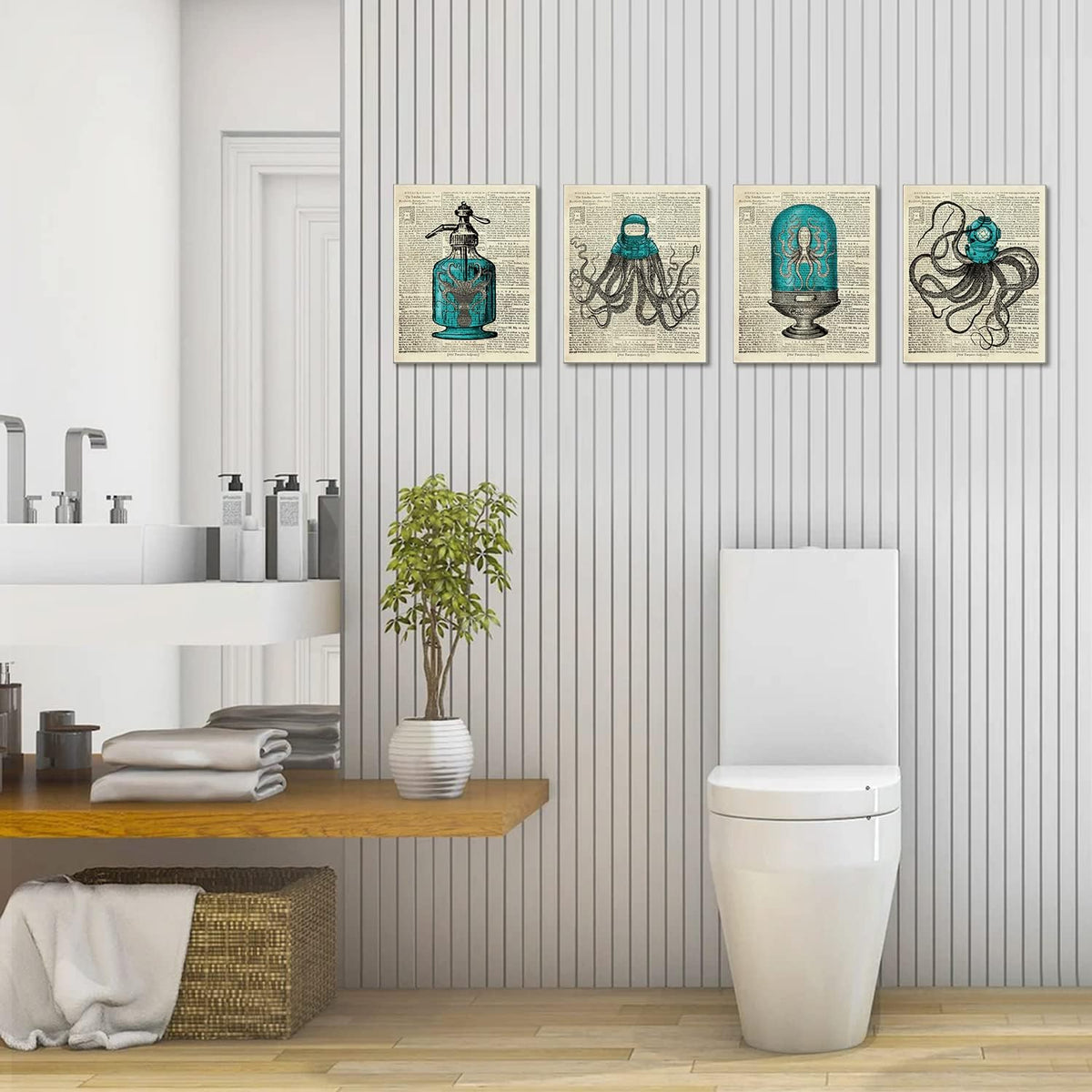 Octopus Nautical Bathroom Wall Decor, 8x10 inch Set of 4 Canvas Wall Art H91997