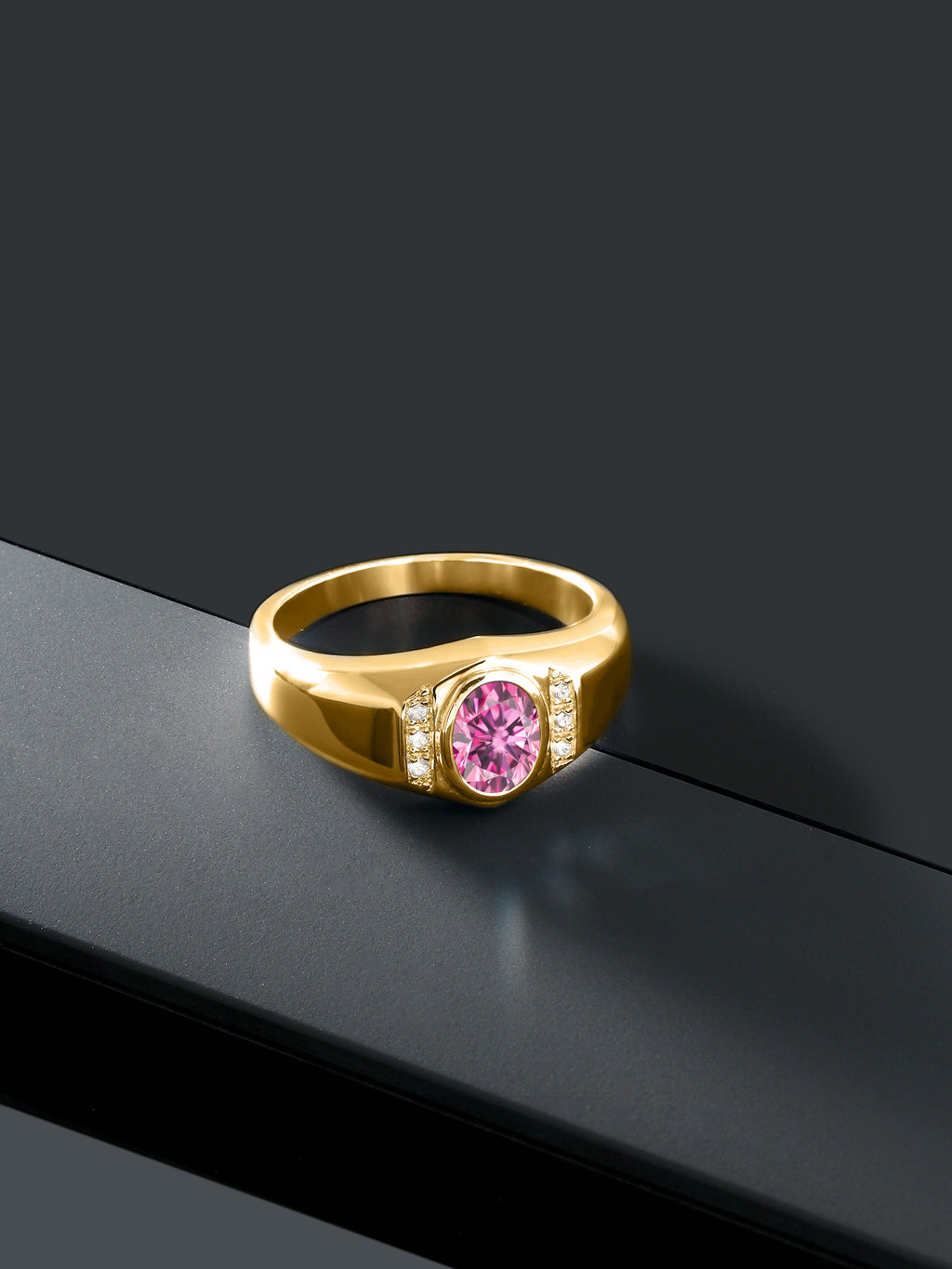 18K Yellow Gold Plated Silver Oval Pink Moissanite and Created Sapphire Ring P69810