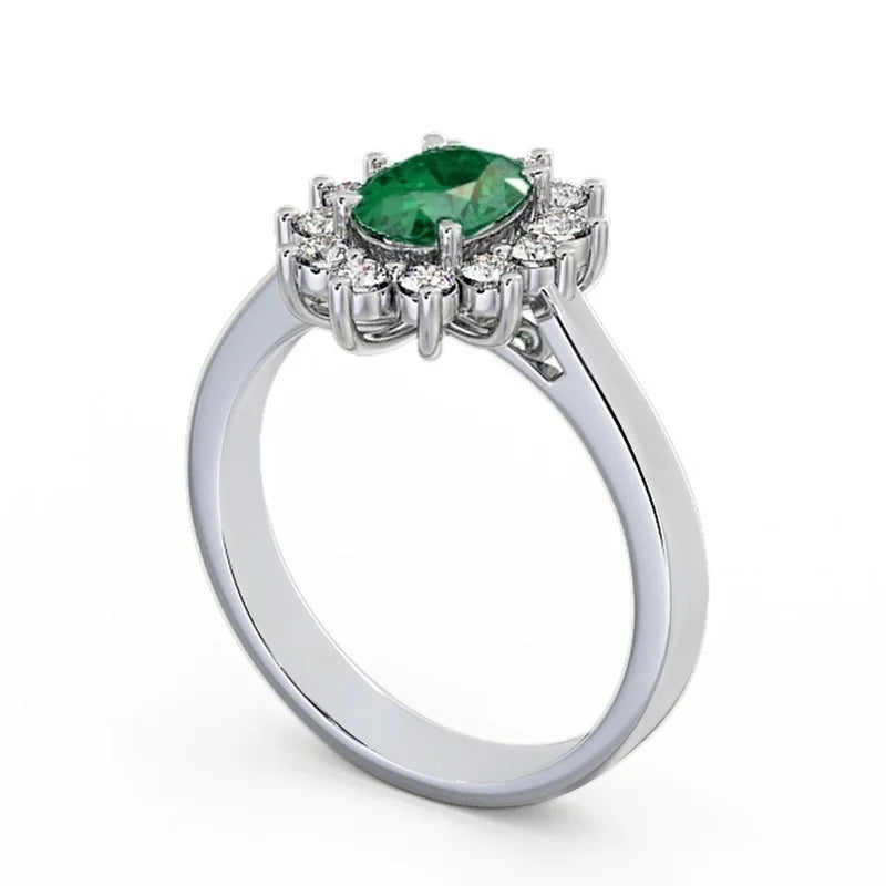 14K White Gold Oval Shape Natural Emerald Diamond Ring K139503