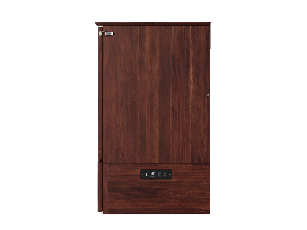 Queen Wood Murphy Bed Chest with Mattress, Drawer & Charger in Walnut L742