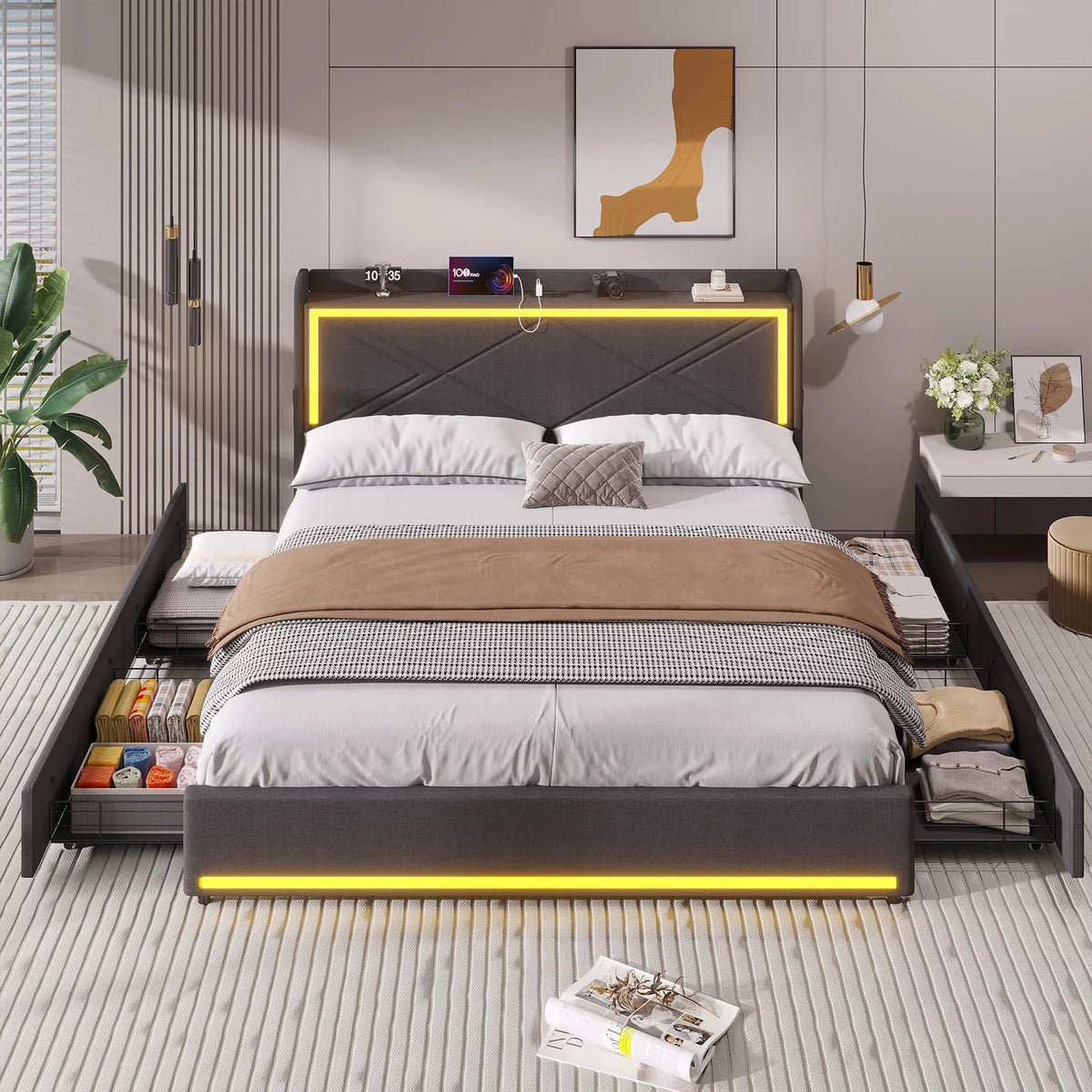Dark Gray Queen Size Upholstered Platform Bed with Storage Drawers G209832
