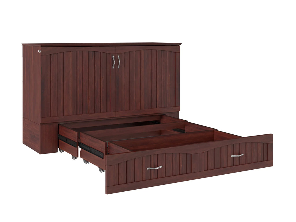 Queen Wood Murphy Bed Chest with Mattress, Drawer & Charger in Walnut L742