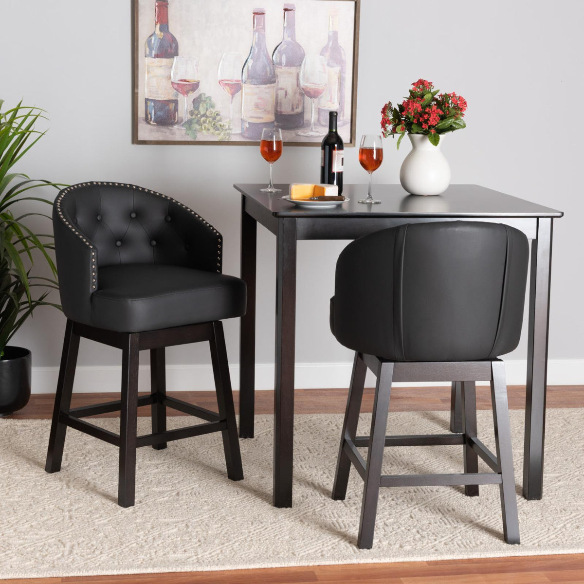 Tan Faux Leather and Brown Wood 2-Piece Counter Stool Set A992371