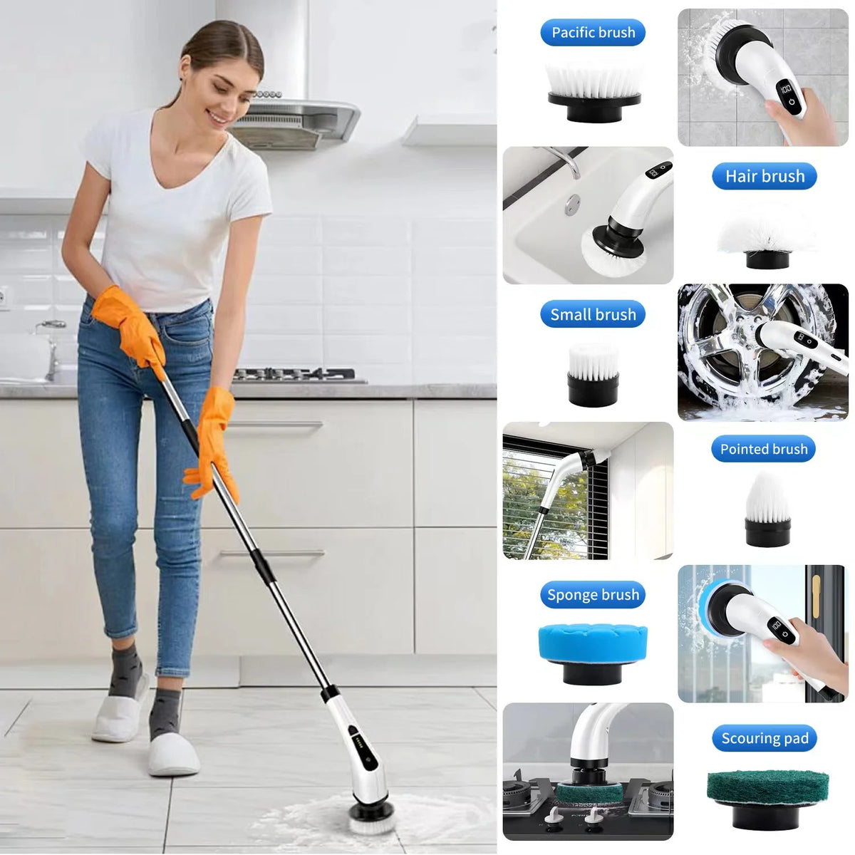 Cordless Electric Spin Scrubber with 8 Heads & Long Handle W39076