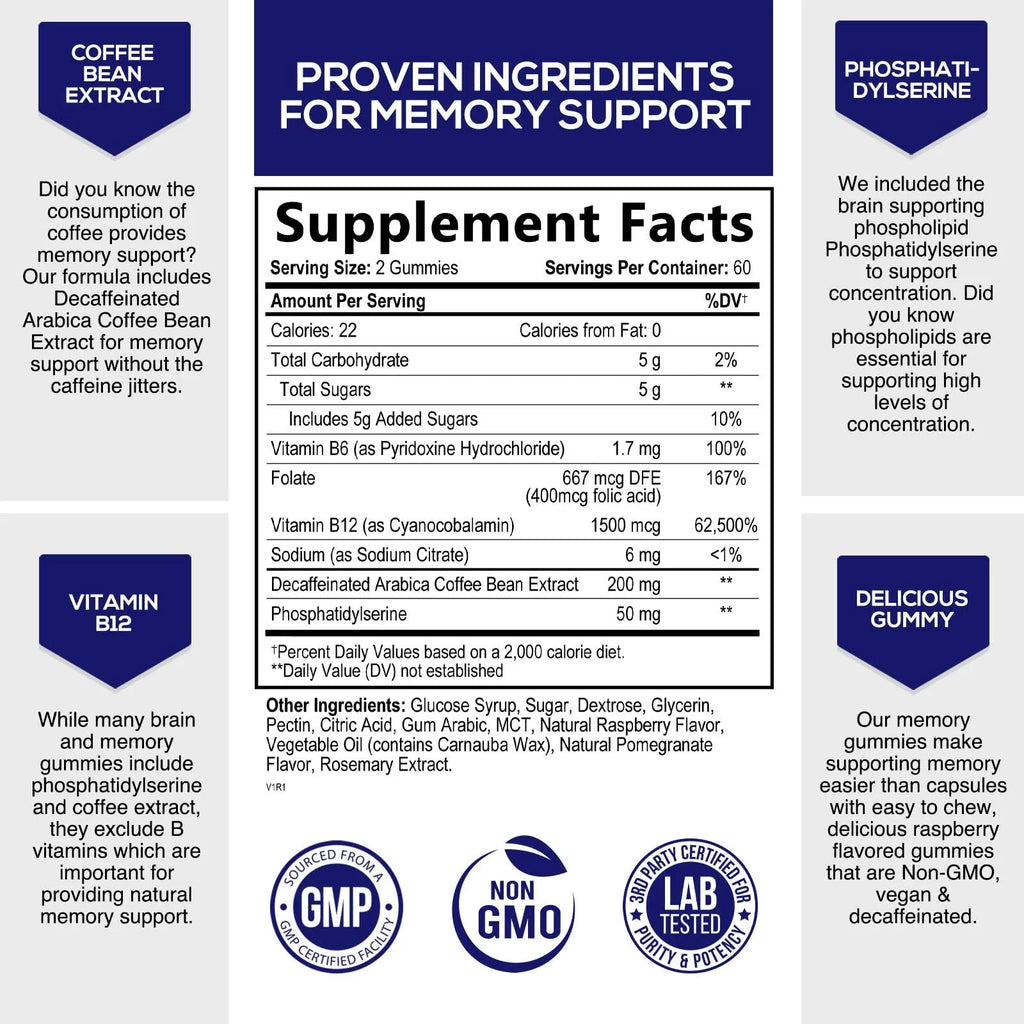 Nootropic Brain Booster Memory Supplement Gummy with B12, Phosphatidylserine, Coffee Extract - 120 Gummies D9906