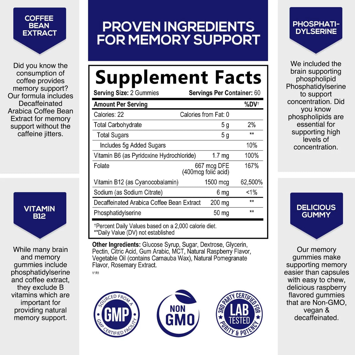 Nootropic Brain Booster Memory Supplement Gummy with B12, Phosphatidylserine, Coffee Extract - 120 Gummies D9906