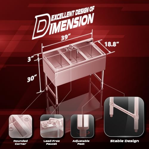 3 Compartment 304 Stainless Steel Under Bar Sink with Faucet O32164