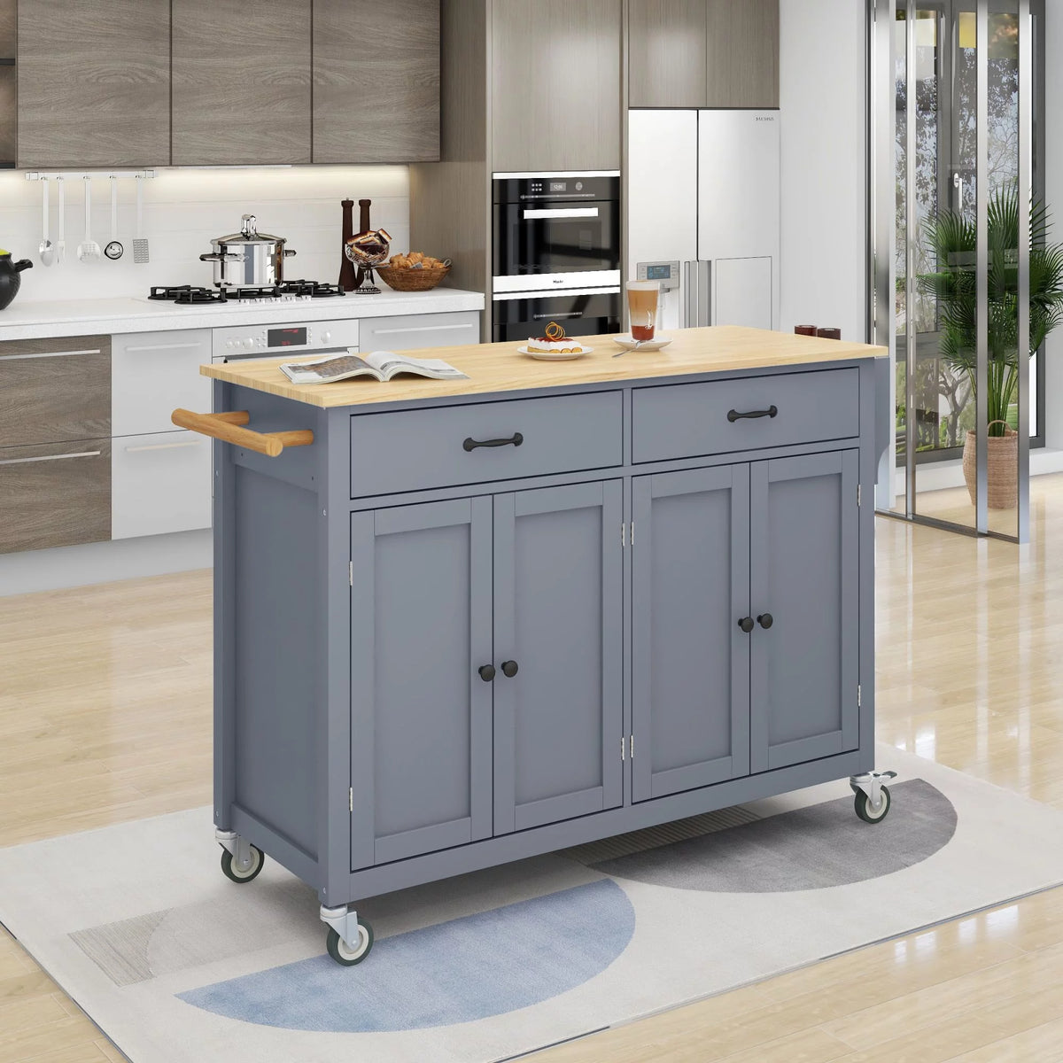 Gray Kitchen Island Cart with Wood Top and Locking Wheels M150