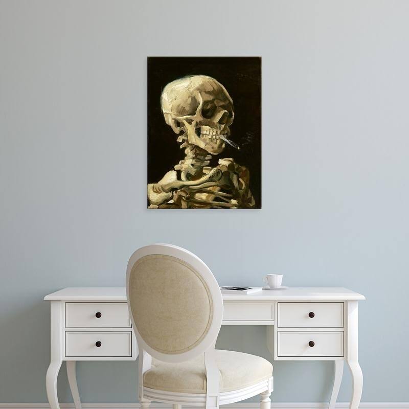 Skull with Burning Cigarette Canvas Art - 32 x 24 - Black Frame E4212