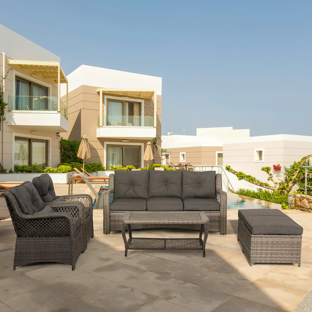 6 Piece Grey Rattan Patio Furniture Set with Ottoman J415