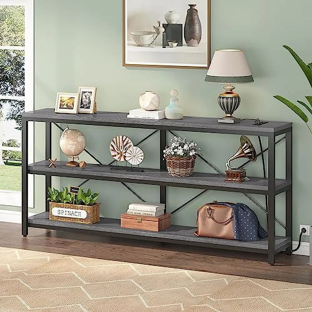 70.86'' Extra Long 3 Tiers Narrow Console Table with Outlet and USB N85565