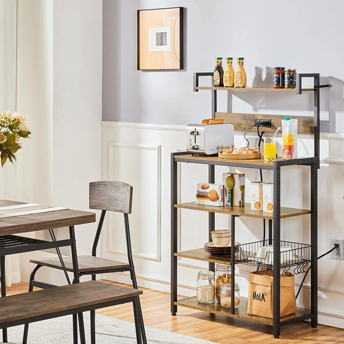Rustic Brown 5-Tier Bakers Rack with Power Outlet R426