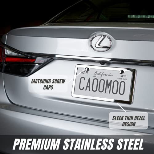 2 Stainless Steel Mirror License Plate Frame + Chrome Screw Caps M18231