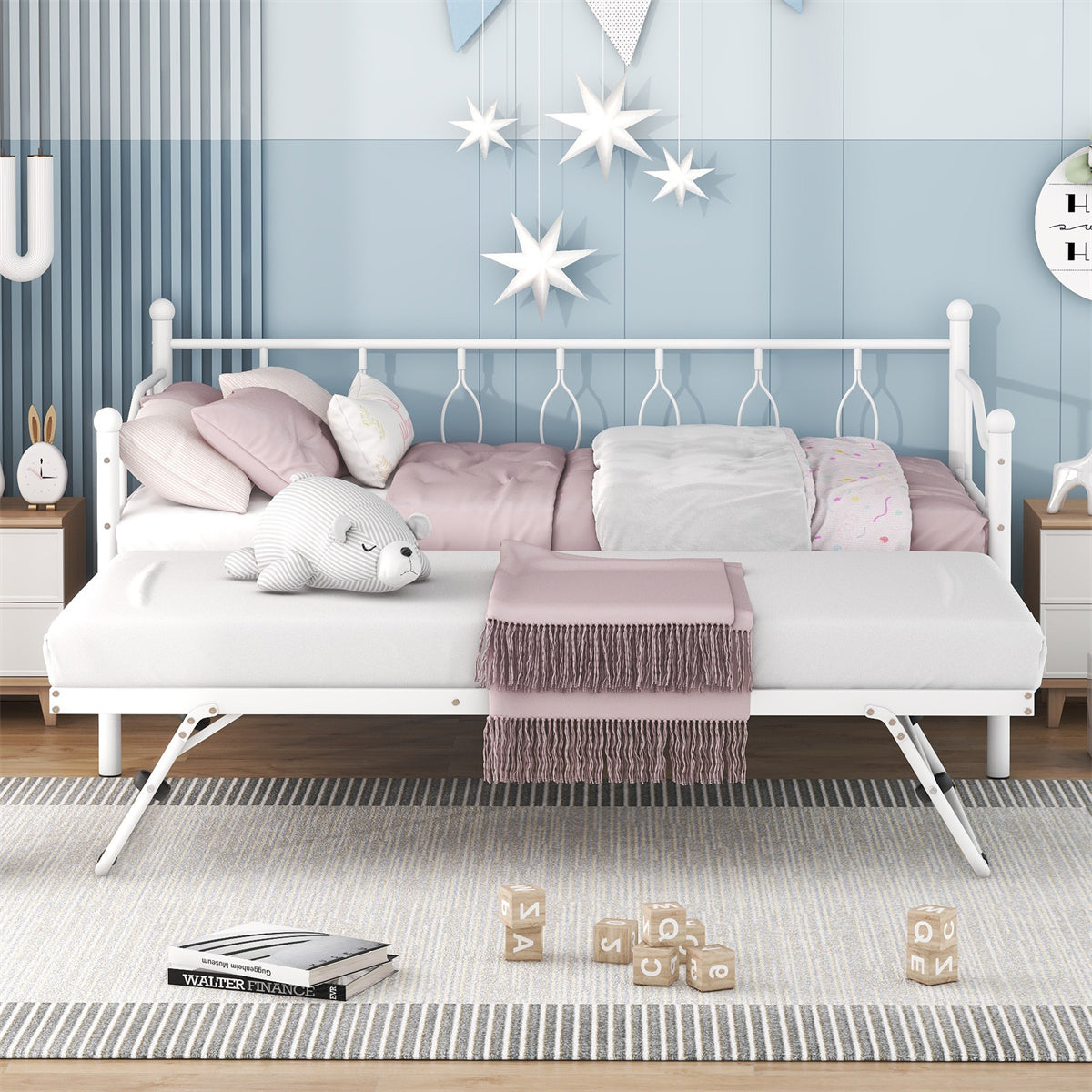 White Twin Size Metal Daybed with Adjustable Trundle O8349