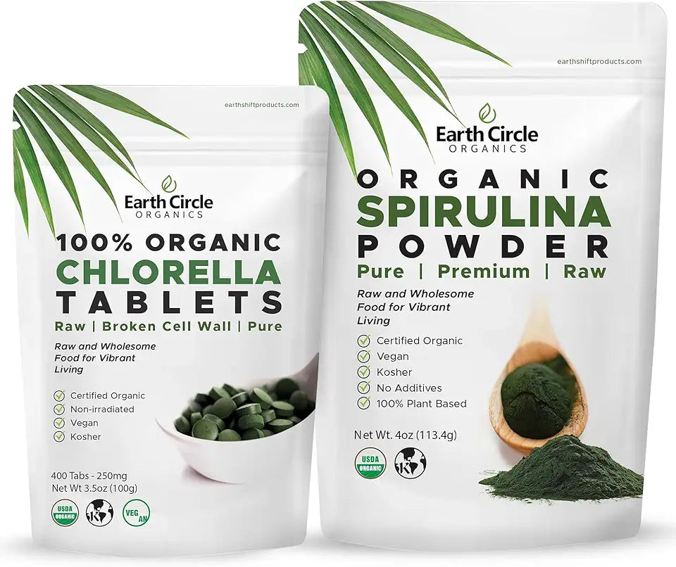 Chlorella 400 Tablets and Spirulina Powder 4oz Vegan Non-GMO E308