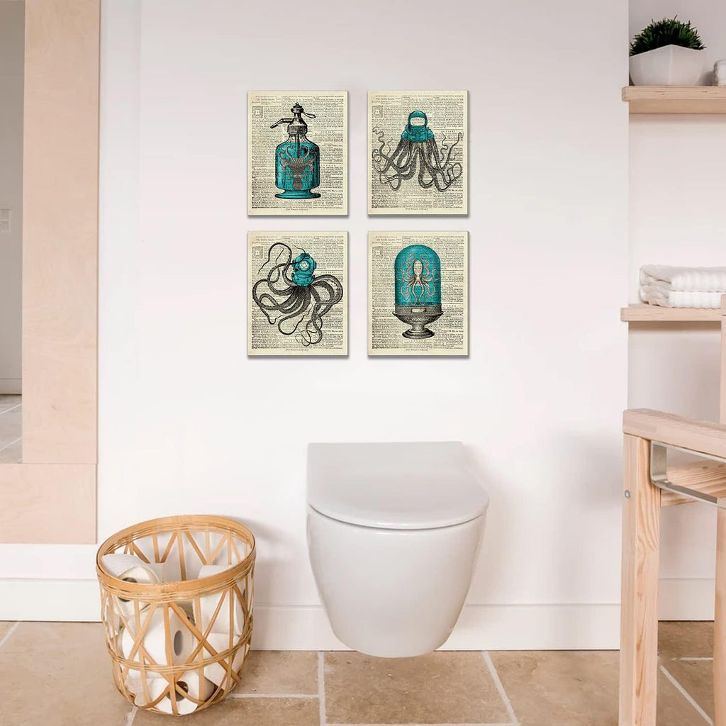 Octopus Nautical Bathroom Wall Decor, 8x10 inch Set of 4 Canvas Wall Art H91997