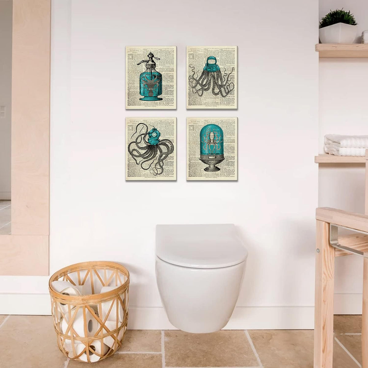Octopus Nautical Bathroom Wall Decor, 8x10 inch Set of 4 Canvas Wall Art H91997