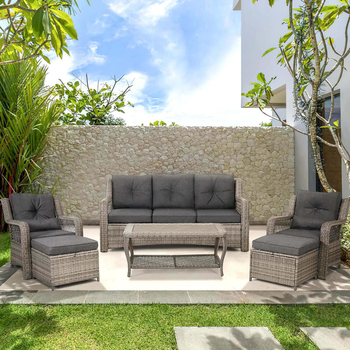 6 Piece Grey Rattan Patio Furniture Set with Ottoman J415