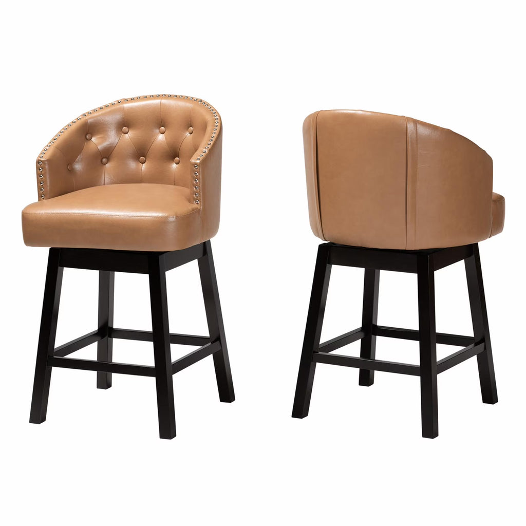 Tan Faux Leather and Brown Wood 2-Piece Counter Stool Set A992371