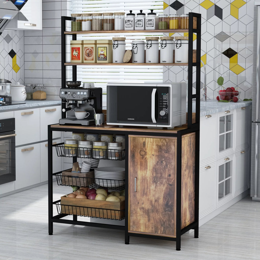 Large Brown Wood Bakers Rack with Baskets and Cabinet S249270