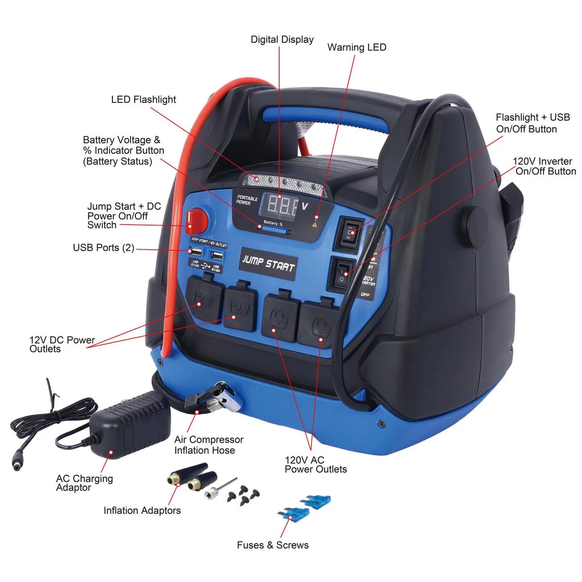 1800 Peak Amp Jump Starter with Air Compressor and AC Outlets X9572