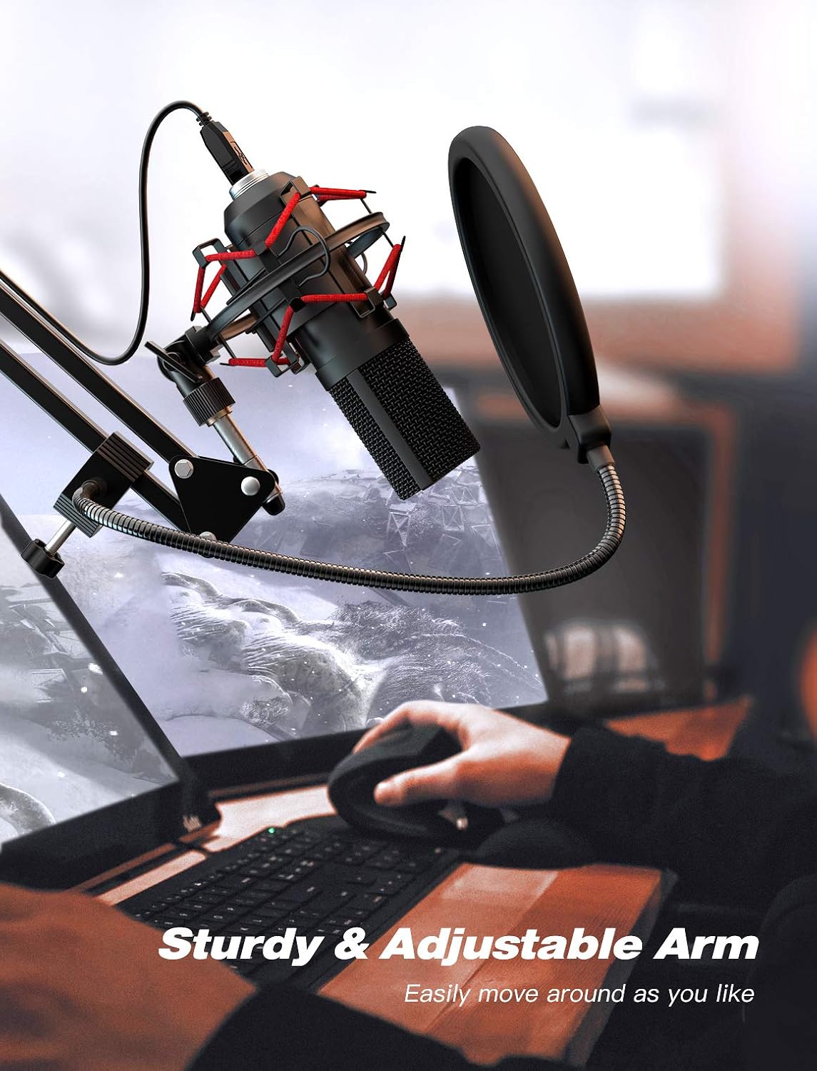 USB Gaming Microphone Set with Flexible Boom Arm Stand Pop Filter R789290