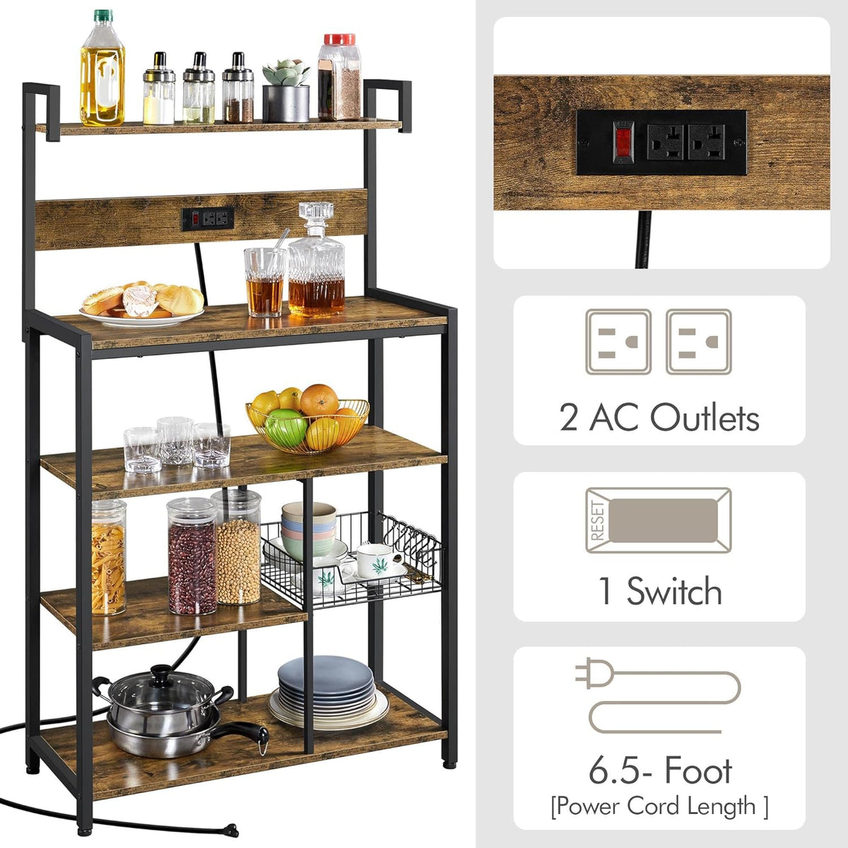 Rustic Brown 5-Tier Bakers Rack with Power Outlet R426