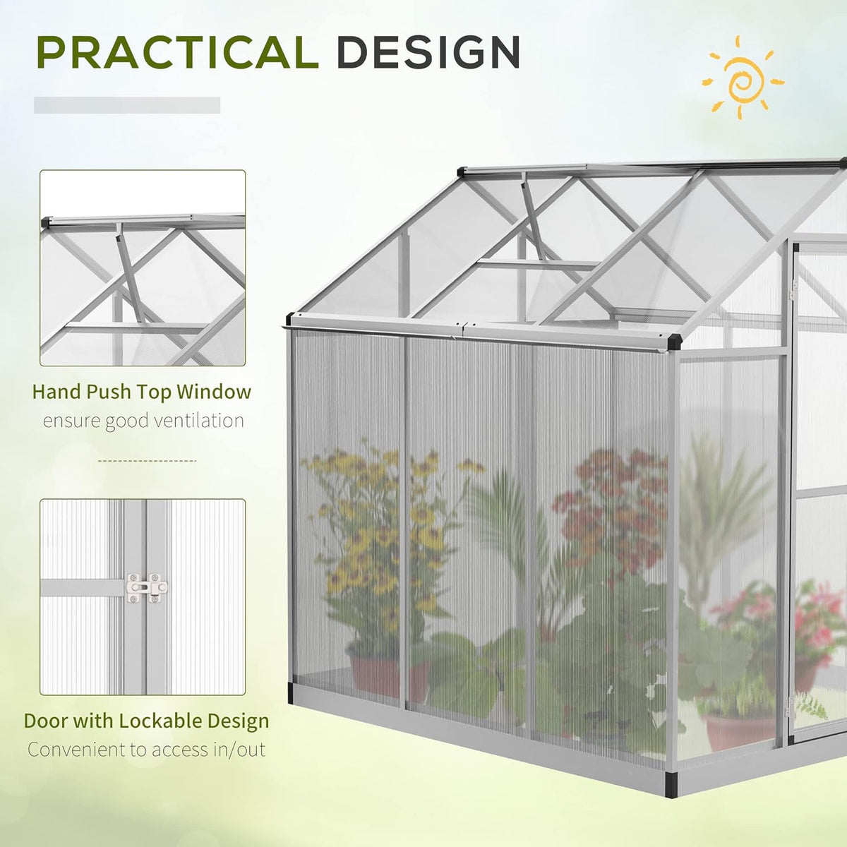 Walk-in Polycarbonate Greenhouse with Roof Vent Q681