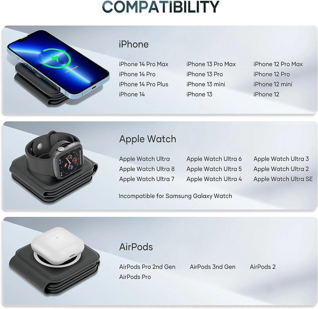 3 in 1 Magnetic Foldable Wireless Charger, Black U233683