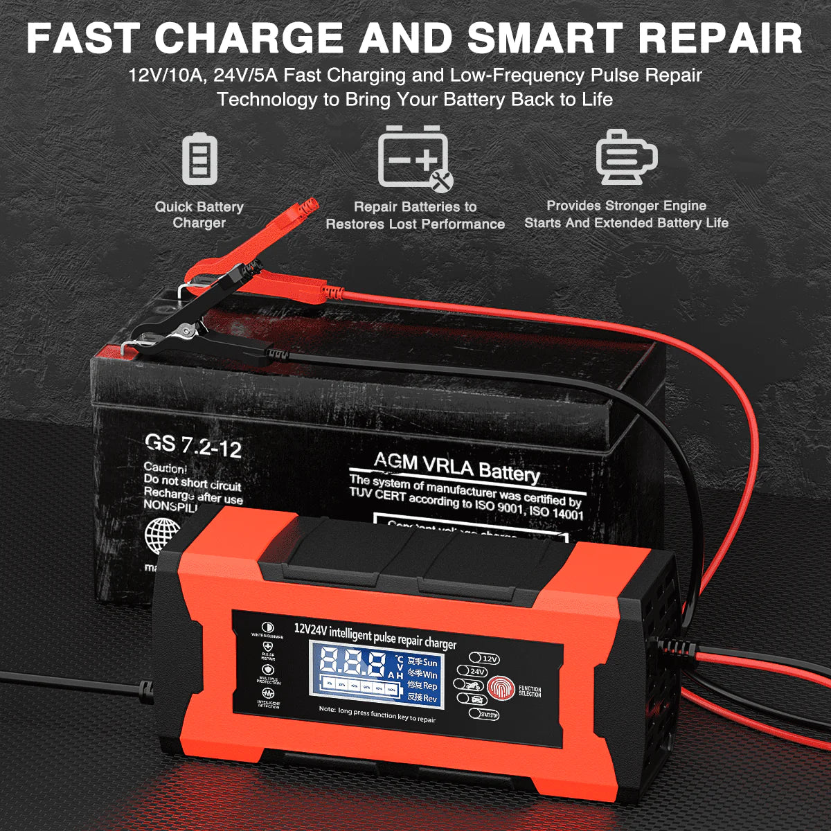 10-Amp 12V 24V Automatic Smart Battery Charger Y2871